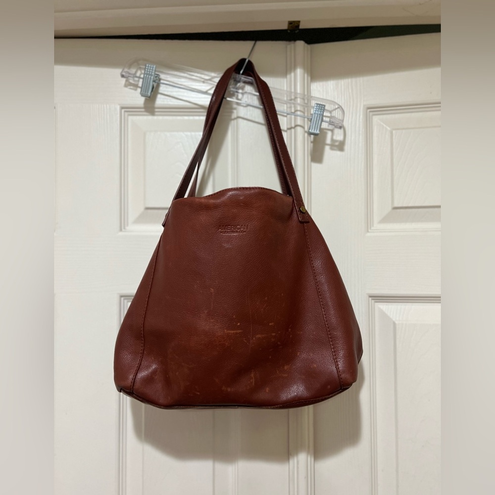 American Leather Triple Entry Satchel/Shoulder Handbag Brown  Distressed Leather